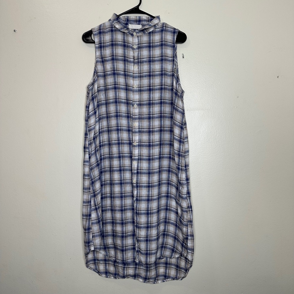 CP Shades Shirt Dress Blue Tan Plaid Sleeveless Linen Button Front size Small